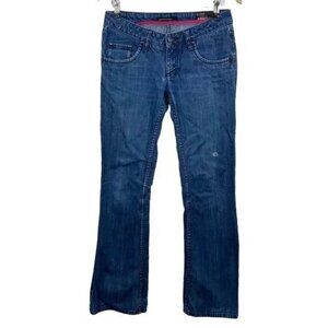 KINYOBI+FRIDAY‎ SPLASH BOOT-CUT EMBROIDERED BACK POCKET DISTRESSED JEANS 26-EUC